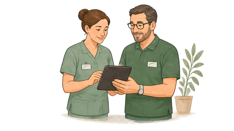 Eine Pflegefachkraft und ein Pflegefachmann sehen gemeinsam auf ein Tablet.