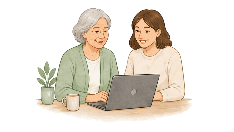 Zwei Frauen sitzen nebeneinander und schauen zusammen auf einen Laptop.